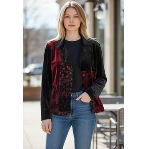 Vintage Womens Velvet Black Patchwork Floral Paisley Shirt Dark Fairy Goth S 14